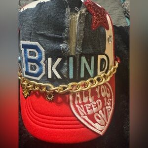 BKIND Patchwork Red Trucker Hat with Gold Chain